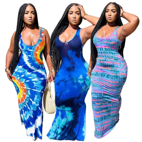 Plus Size Tie Dye Long Tank Fitted Dress