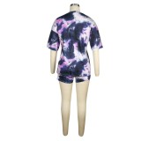 Casual Tie Dye V Neck Shirt and Biker Shorts Set