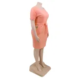 Plus Size Solid Color O Neck Shirt Dress with Belt