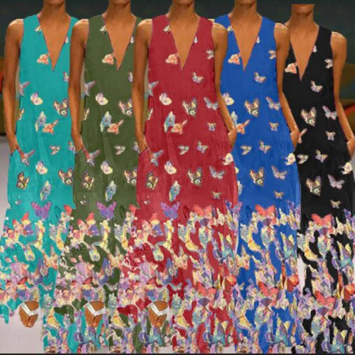 Butterfly Print Sleeveless Long Boho Dress