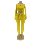 Casual Plain Off Shoulder Long Sleeve Crop Top and Track Pants Set