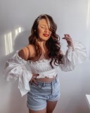 Sexy White Ruffles Crop Top with Sleeves