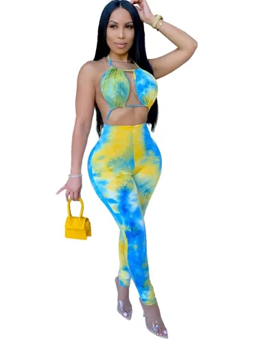 Sexy Tie Dye Halter Bodycon Jumpsuit