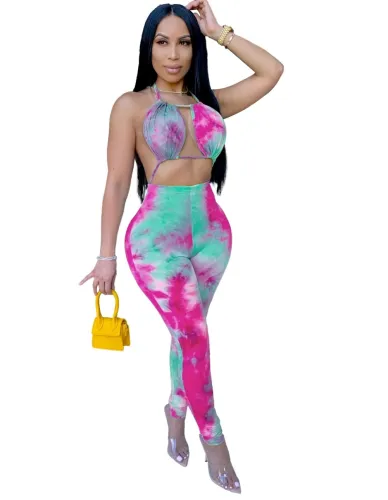 Sexy Tie Dye Halter Bodycon Jumpsuit