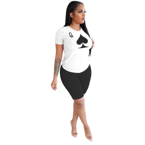 Summer White and Black Print Biker Shorts Set