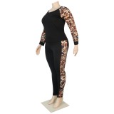 Plus Size Autumn Two Piece Leopard Pants Set