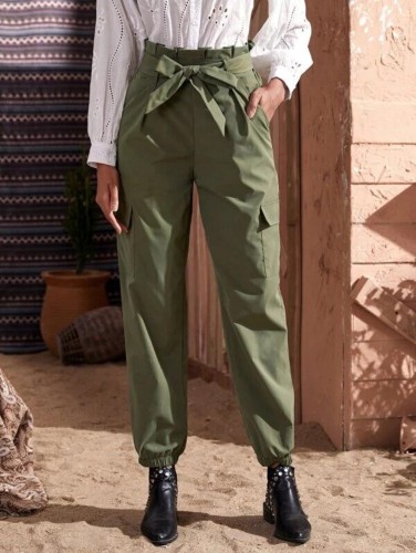 Street Style Green High Waist Trousers with Belt
