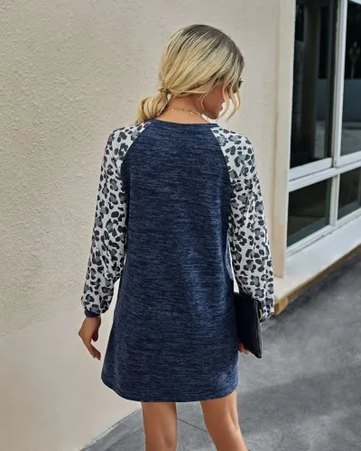 Autumn O Neck Shirt Dress with Leopard Sleeves