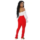 Sexy Off Shoulder Ruffle Crop Top and High Waist Slit Pants