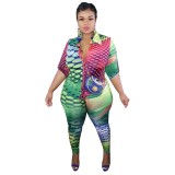 Plus Size Matching Colorful Blouse and Pants Set