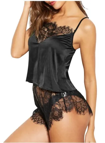 Summer Two Piece Satin and Lace Shorts Pajama Set