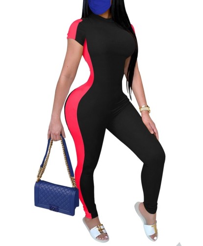 Sexy Short Sleeve Contrast Bodycon Jumpsuit