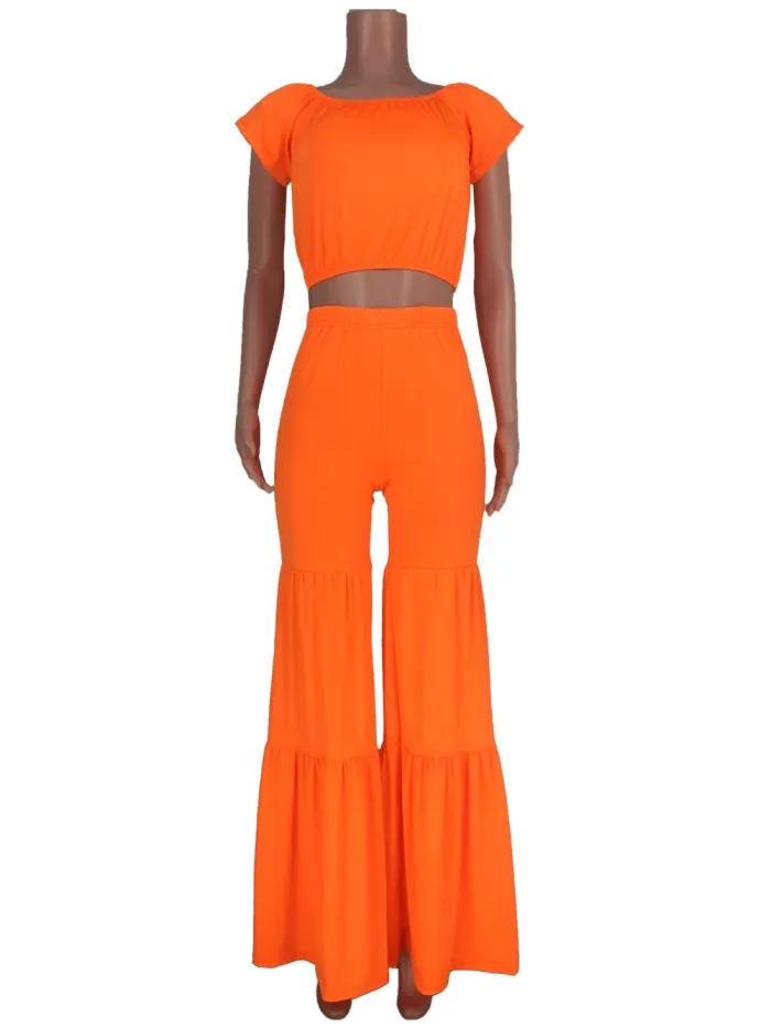Matching Solid Color Off Shoulder Crop Top and Loose Pants Set