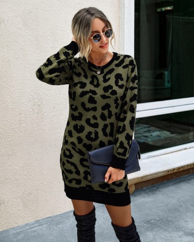 Falls Round Neck Leopard Knit Dress