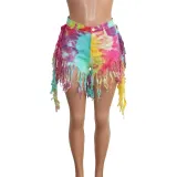 Tie Dye High Waist Tassels Denim Shorts