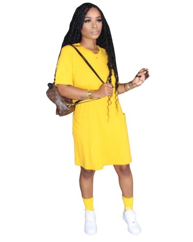 Summer Plain Round Neck Pocket Shirt Dress