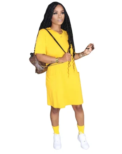 Summer Plain Round Neck Pocket Shirt Dress