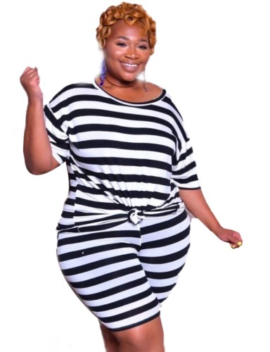 Plus Size Summer Striped Two Piece Shorts Set