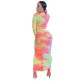 Tie Dye Ruched Long Curvy Dress with Full Sleeves