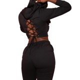 Autumn Sexy Lace Up Hoodie Crop Top and Pants Set