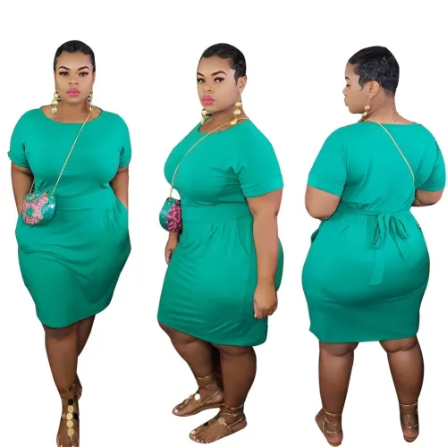Plus Size Solid Color O Neck Shirt Dress with Belt