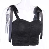 Black Lace Strap Knotted Crop Top