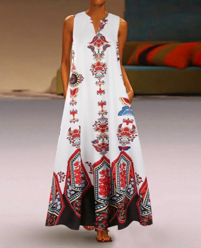 Retro Print Sleeveless Long Boho Dress