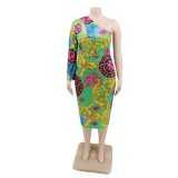 Plus Size Retro One Shoulder Midi Dress with Wide Cuff