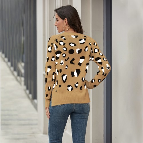 Fall Regular O Neck Leopard Pullover Sweater