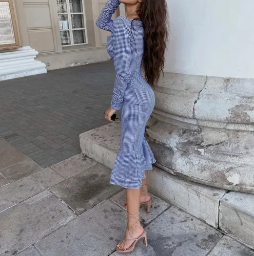 Plaid Print Vintage Mermaid Midi Dress