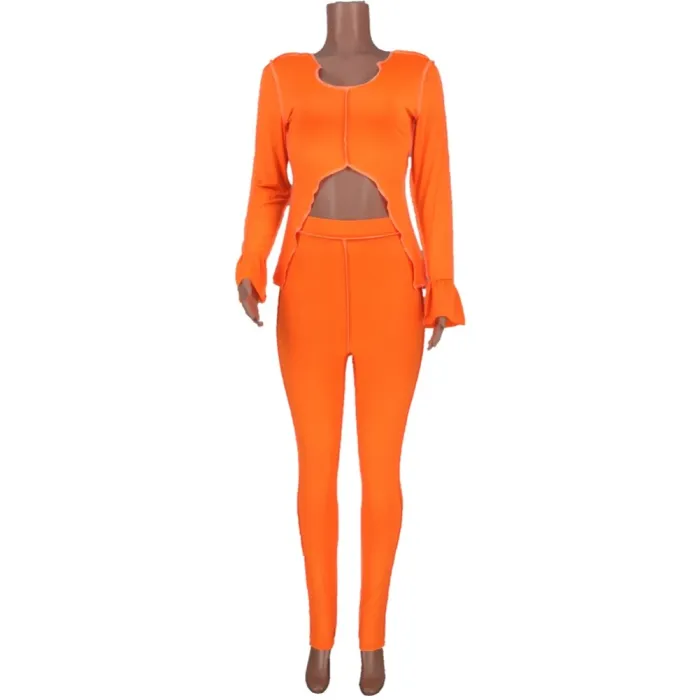 Autumn Matching Sexy Crop Top and High Waist Pants Set