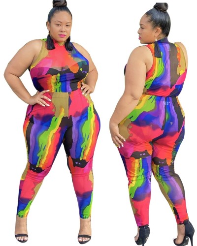 Plus Size Matching Colorful Top and Pants Set