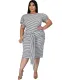 Plus Size Summer Striped Midi Dress with Belt