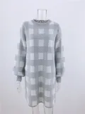 Fall White and Grey Plaid Knitted Dress