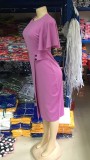 Solid Color Mature Midi Dress with Wide Cuffs