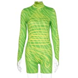 Print Green Long Sleeve Sexy Bodycon Rompers