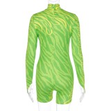 Print Green Long Sleeve Sexy Bodycon Rompers