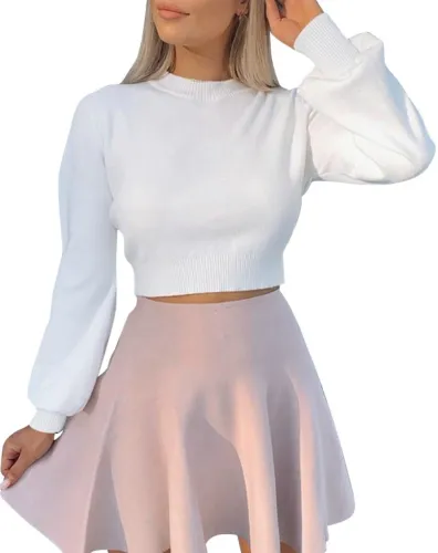 Autumn Knitted Plain Crop Top with Pop Sleeves