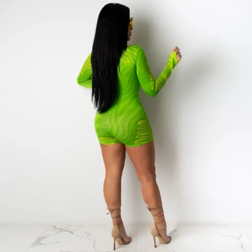 Print Green Long Sleeve Sexy Bodycon Rompers