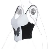 White and Black Butterfly Vintage Strap Crop Top