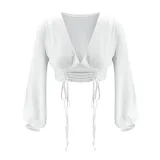 Sexy White Deep-V Vintage Crop Top with Puff Sleeves