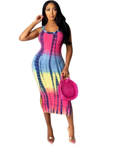 Tie Dye African Slit Long Tank Dress