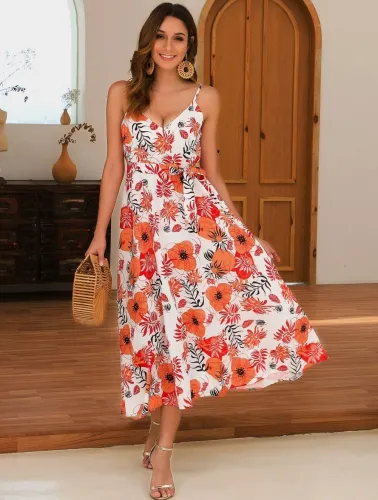 Summer Floral Strap High Waist Long Dress with Belt