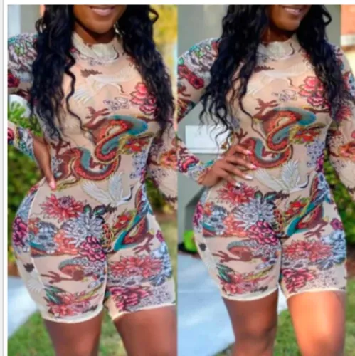 Long Sleeve Print Retro Bodycon Rompers