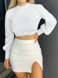 Autumn Knitted Plain Crop Top with Pop Sleeves