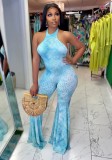 Tie Dye Blue Bell Bottom Halter Jumpsuit