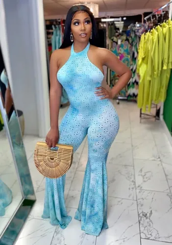 Tie Dye Blue Bell Bottom Halter Jumpsuit