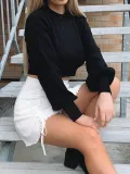 Autumn Knitted Plain Crop Top with Pop Sleeves