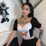 White and Black Butterfly Vintage Crop Top