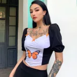 White and Black Butterfly Vintage Crop Top